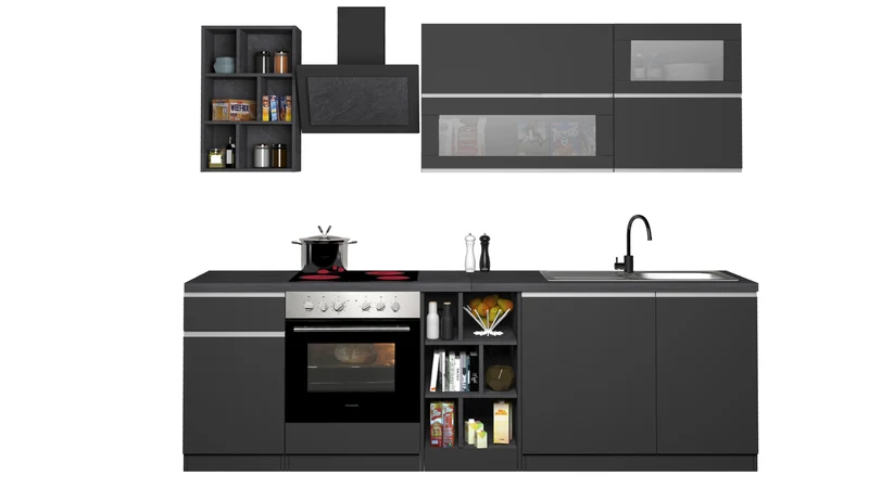 Cucina Lineare Moderna Antracite SOLE 256 cm – Soft Close, Lavello Incluso, Made in Italy