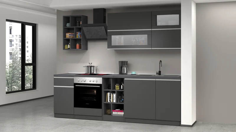 Cucina Lineare Moderna Antracite SOLE 256 cm – Soft Close, Lavello Incluso, Made in Italy