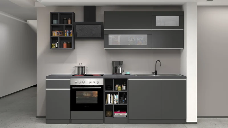 Cucina Lineare Moderna Antracite SOLE 256 cm – Soft Close, Lavello Incluso, Made in Italy