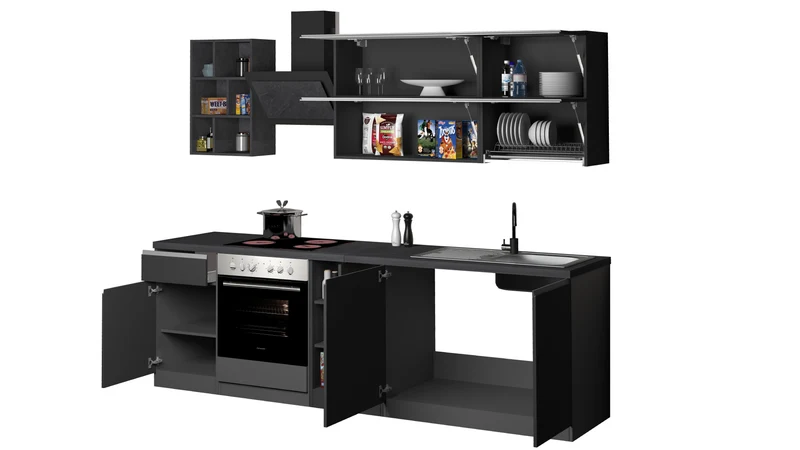 Cucina Lineare Moderna Antracite SOLE 256 cm – Soft Close, Lavello Incluso, Made in Italy
