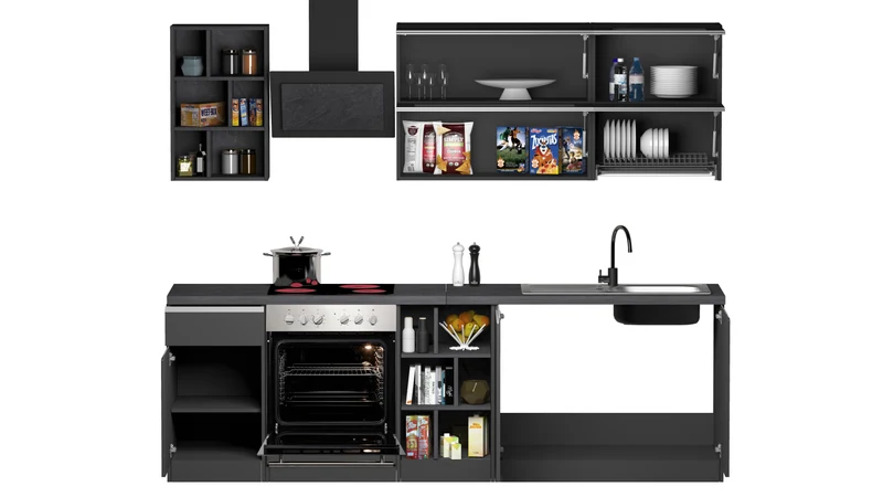 Cucina Lineare Moderna Antracite SOLE 256 cm – Soft Close, Lavello Incluso, Made in Italy
