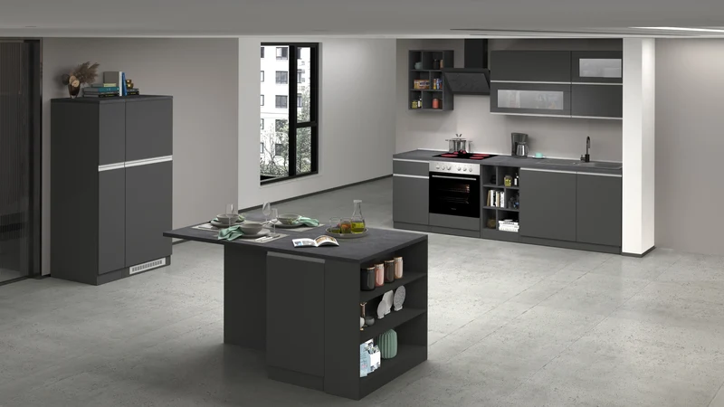 Cucina Lineare Moderna Antracite SOLE 256 cm – Soft Close, Lavello Incluso, Made in Italy