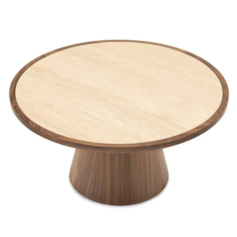 Tavolino WASABI 80 cm, rotondo, travertino/noce