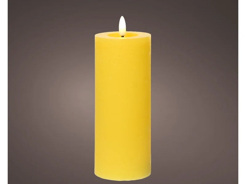 Candela gialla in cera con luce led bianco caldo diametro 7cm x altezza 19cm da interno con funzionamento a batteria 2xaaa ministilo