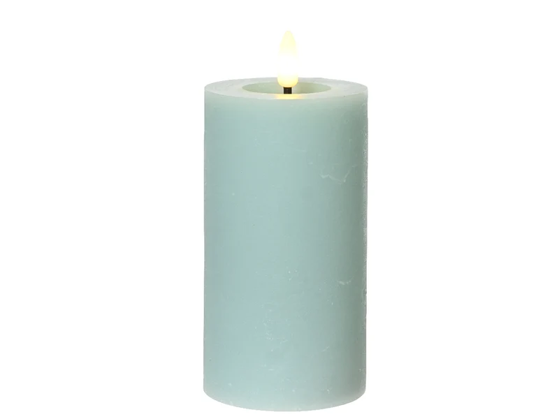 Candela celeste in cera con luce led bianco caldo diametro 7cm x altezza 15cm da interno con funzionamento a batteria 2xaaa ministilo