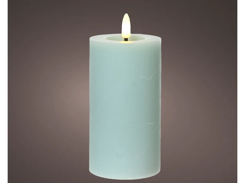 Candela celeste in cera con luce led bianco caldo diametro 7cm x altezza 15cm da interno con funzionamento a batteria 2xaaa ministilo