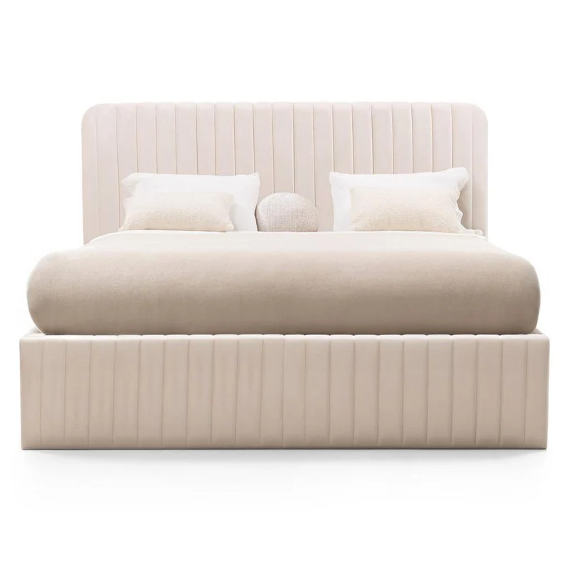 Letto imbottito 160x200 cm ANDRE, velluto beige, con contenitore
