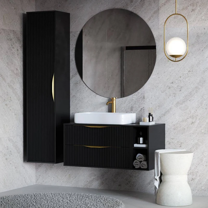 Mobile bagno ANVERS, rigato, maniglia oro, nero