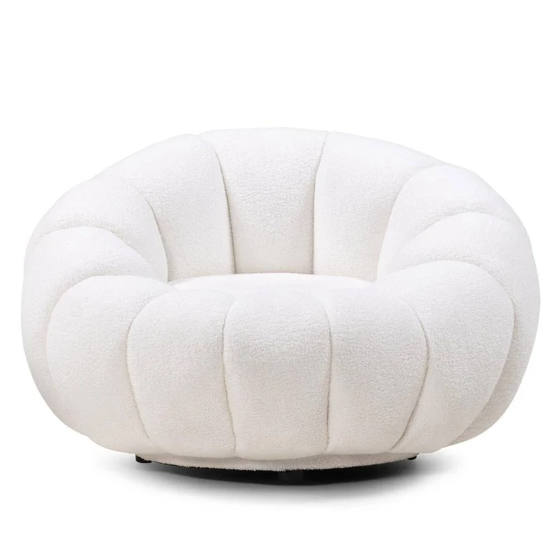 Poltrona girevole LOEL bianca, bouclé, forme arrotondate