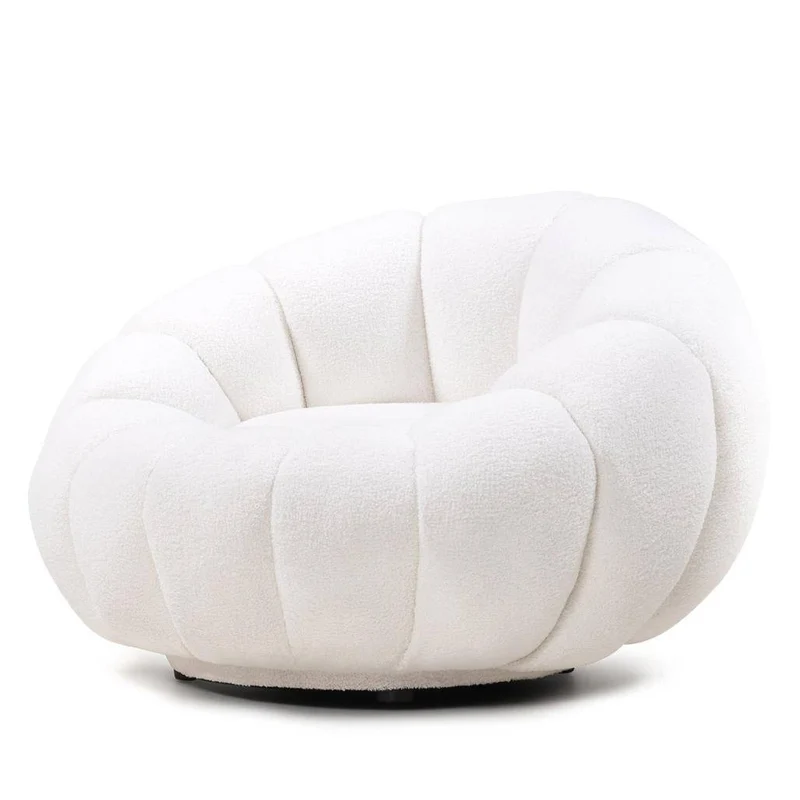 Poltrona girevole LOEL bianca, bouclé, forme arrotondate
