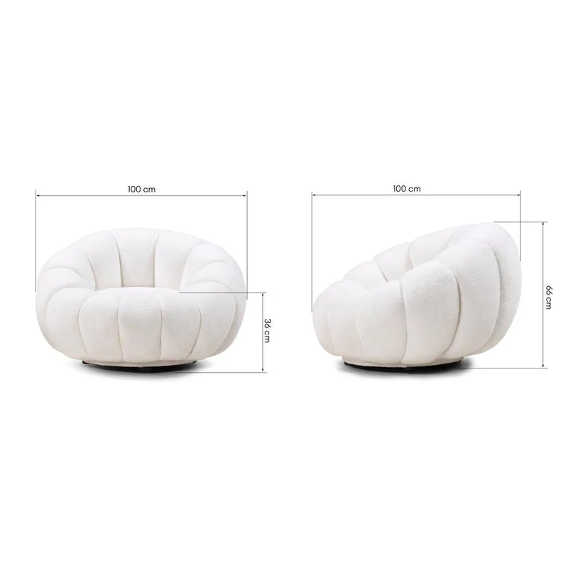 Poltrona girevole LOEL bianca, bouclé, forme arrotondate