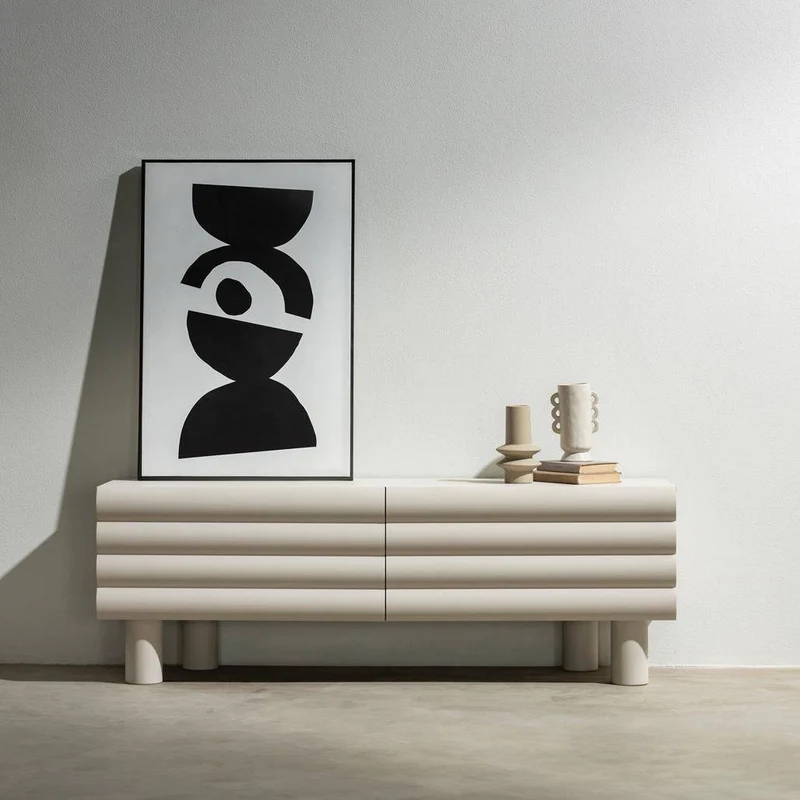 Mobile TV LUEL, righe decorative, beige, forme arrotondate