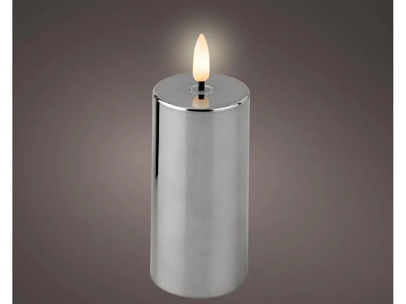 Candela con stoppino e led d.5x12,5cm a batteria argento