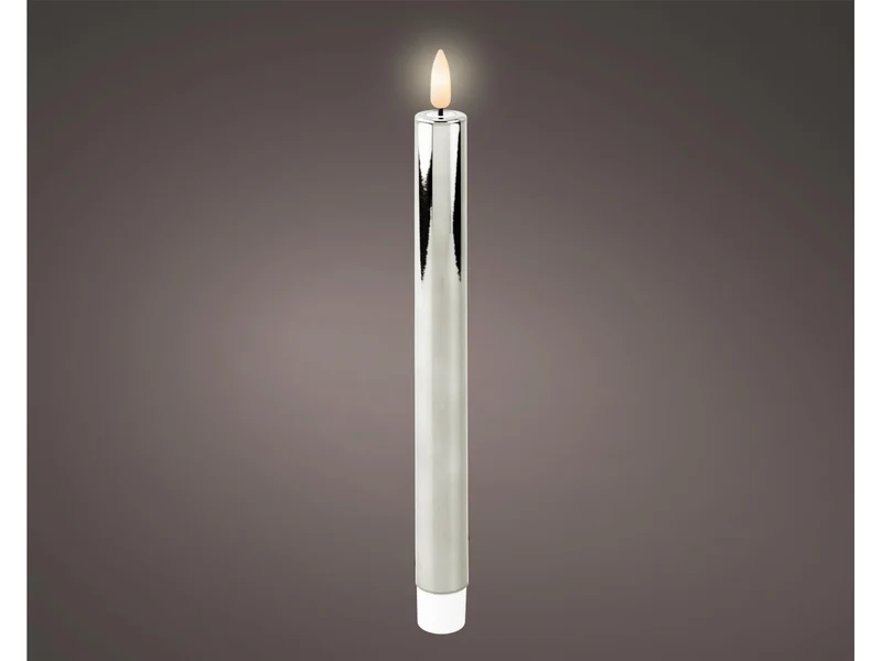 Candela con stoppino e led d.2,2x24,5cm a batteria argento
