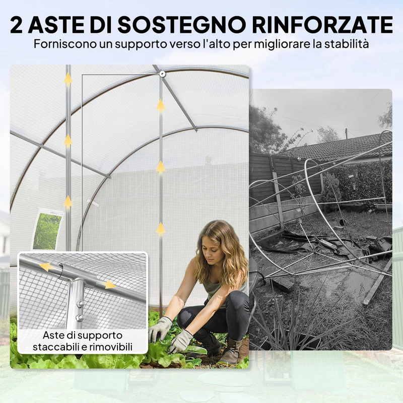 Serra a Tunnel 396x300x200 cm con 2 Aste Rimovibili Porte e Finestre a Rete in Acciaio Zincato e PE Bianco