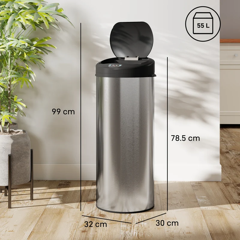 Pattumiera 32x30x72.5 cm Capacità da 55L con Sensore per Apertura Automatica e Chiusura Ammortizzata Argento