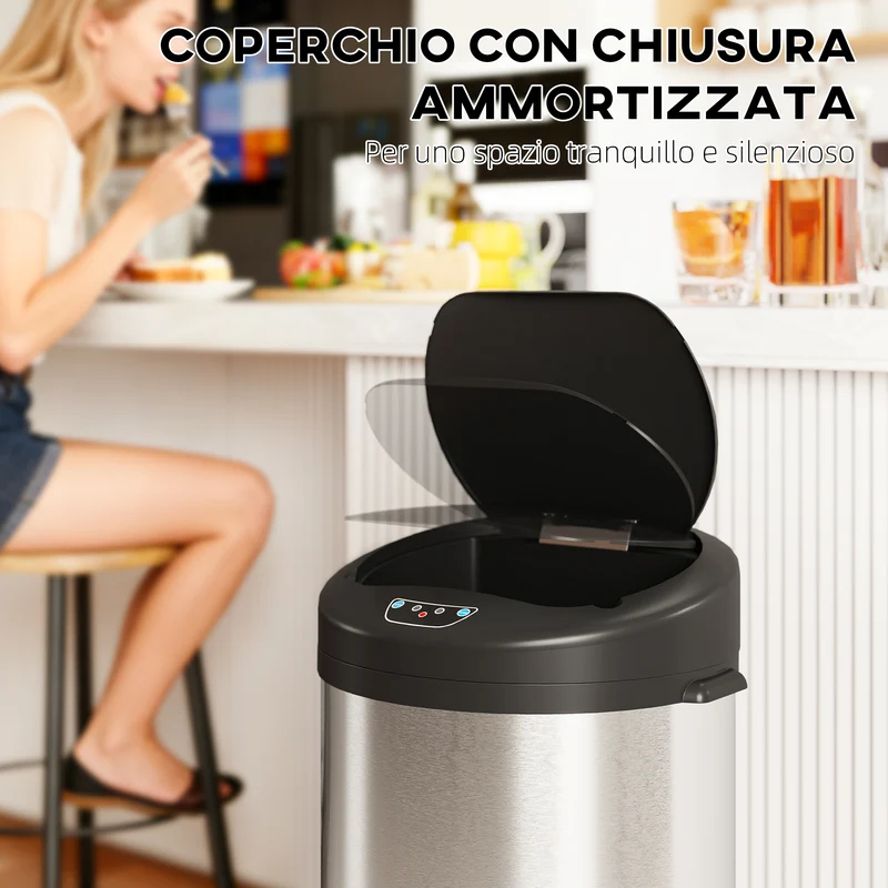 Pattumiera 32x30x72.5 cm Capacità da 55L con Sensore per Apertura Automatica e Chiusura Ammortizzata Argento