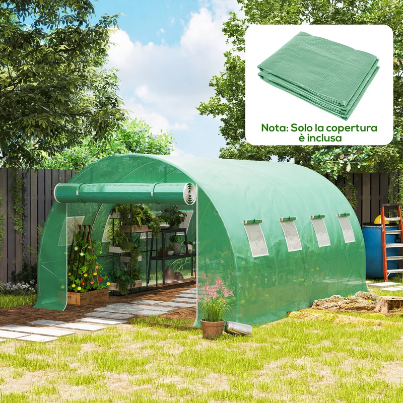 Telo per Serra 4x3x2 m con 8 Finestre Porta Avvolgibile e Bordi Interrati in PE Verde
