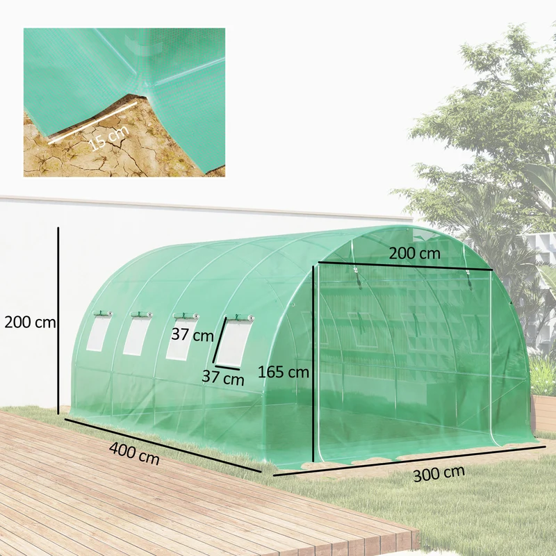 Telo per Serra 4x3x2 m con 8 Finestre Porta Avvolgibile e Bordi Interrati in PE Verde