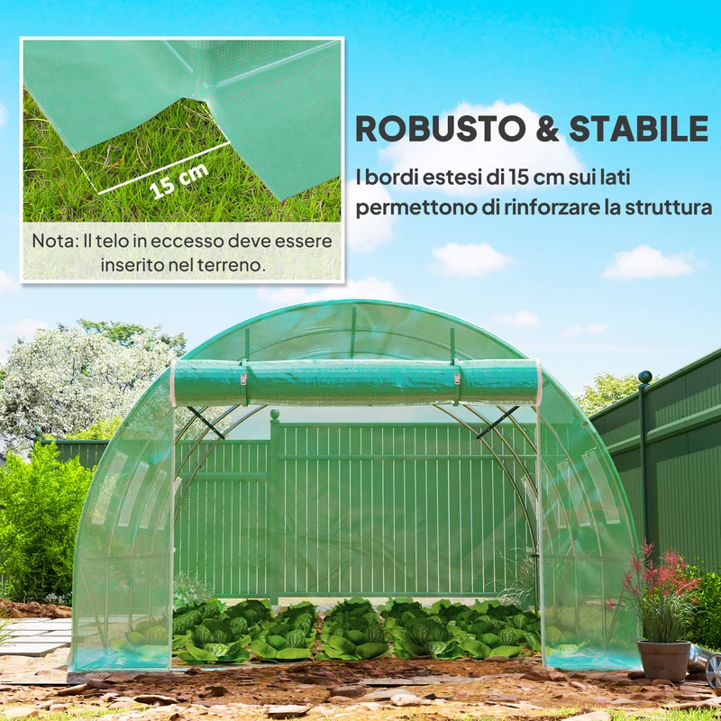 Telo per Serra 4x3x2 m con 8 Finestre Porta Avvolgibile e Bordi Interrati in PE Verde