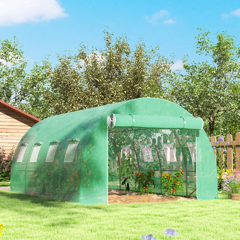 Telo per Serra 4x3x2 m con 8 Finestre Porta Avvolgibile e Bordi Interrati in PE Verde