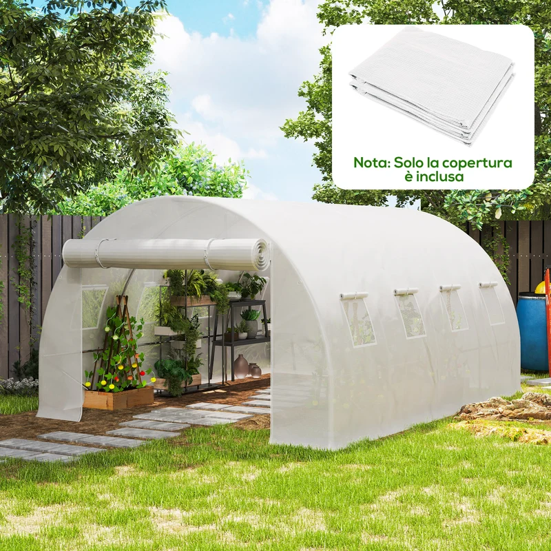 Telo per Serra 4x3x2 m con 8 Finestre Porta Avvolgibile e Bordi Interrati in PE Bianco