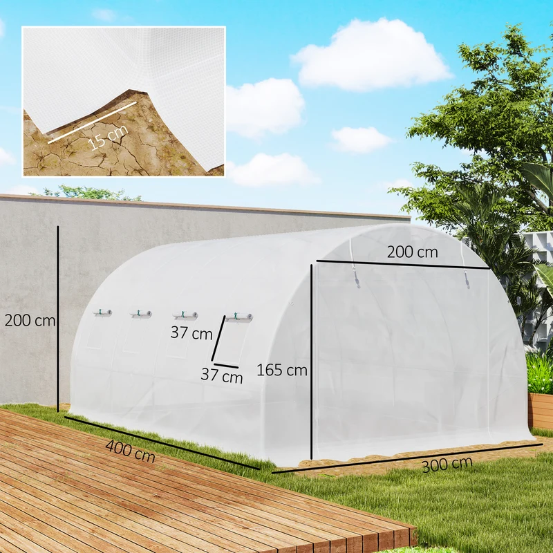 Telo per Serra 4x3x2 m con 8 Finestre Porta Avvolgibile e Bordi Interrati in PE Bianco