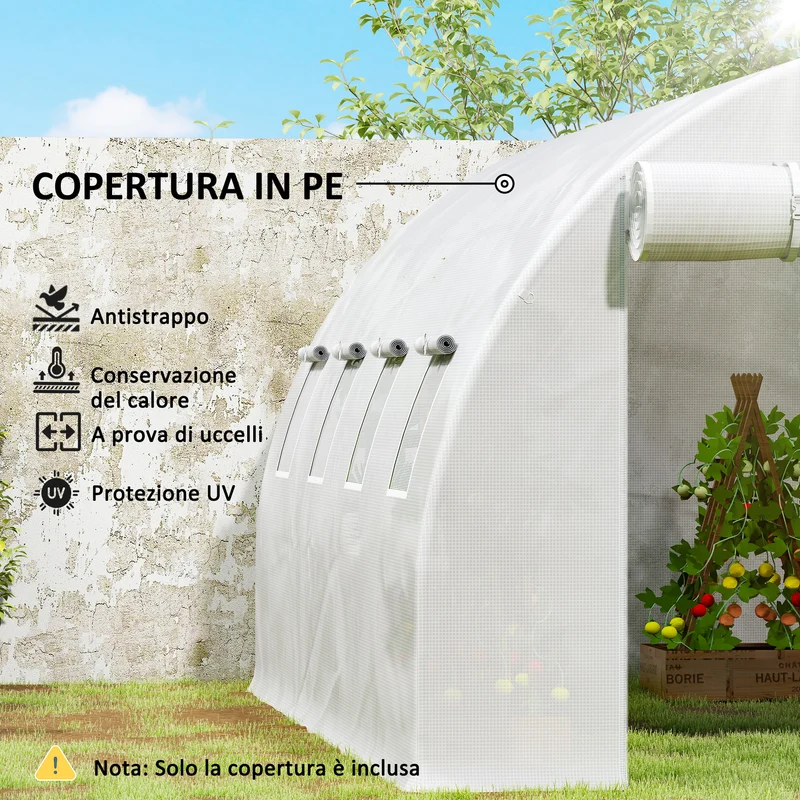 Telo per Serra 4x3x2 m con 8 Finestre Porta Avvolgibile e Bordi Interrati in PE Bianco
