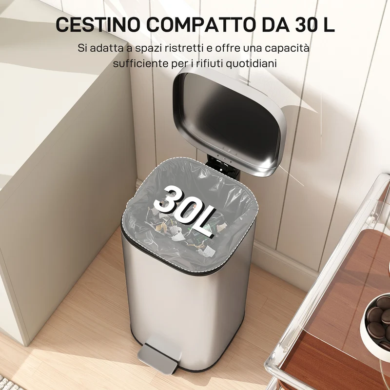 Pattumiera a Pedale 29x36x59,5 cm da 30L con Secchio Rimovibile in Metallo e PP Argento