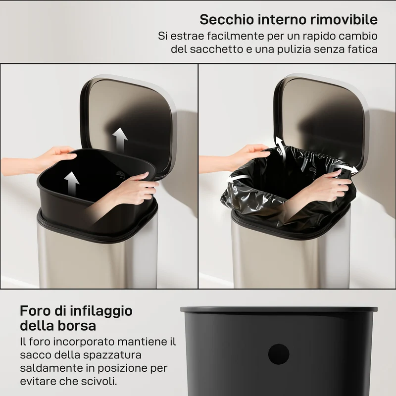 Pattumiera a Pedale 29x36x59,5 cm da 30L con Secchio Rimovibile in Metallo e PP Argento