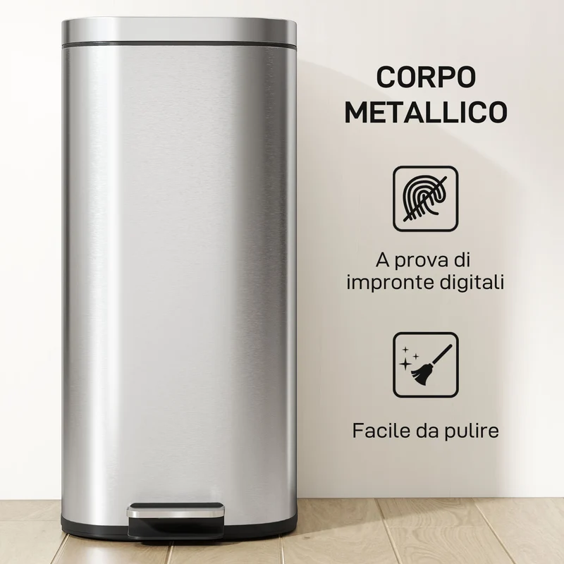 Pattumiera a Pedale 29x36x59,5 cm da 30L con Secchio Rimovibile in Metallo e PP Argento