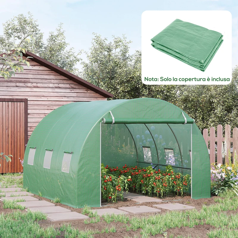 Telo per Serra 3x3x2 m con 6 Finestre Porta Avvolgibile e Bordi Interrati in PE Verde