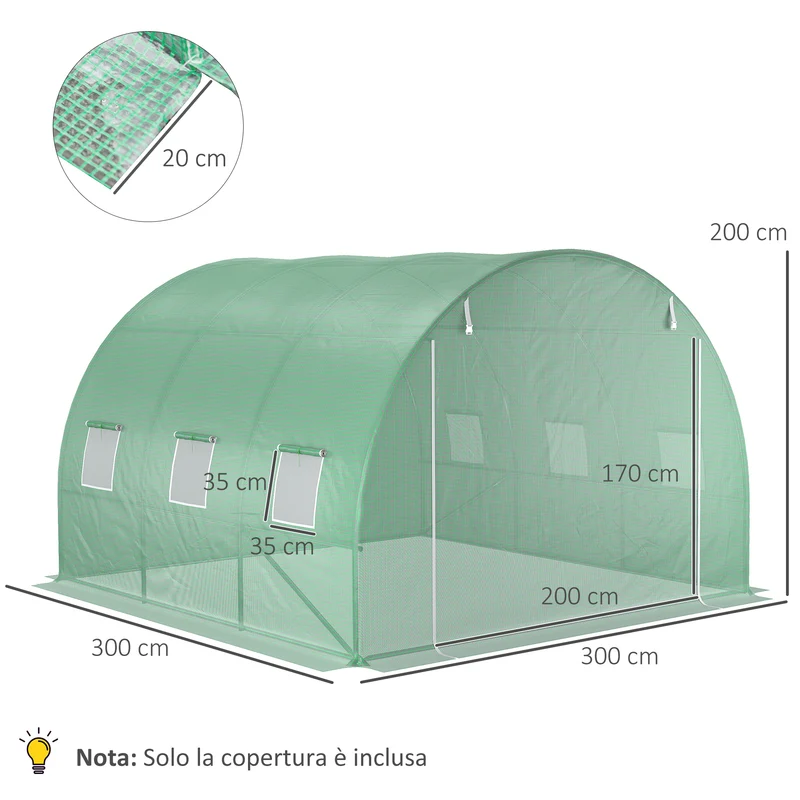 Telo per Serra 3x3x2 m con 6 Finestre Porta Avvolgibile e Bordi Interrati in PE Verde