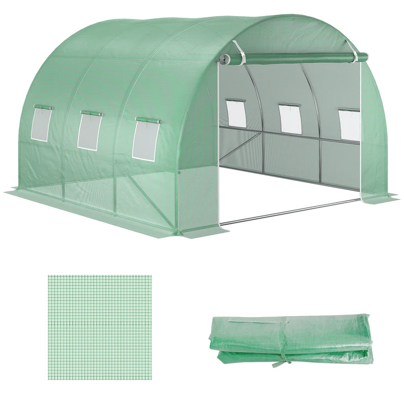 Telo per Serra 3x3x2 m con 6 Finestre Porta Avvolgibile e Bordi Interrati in PE Verde