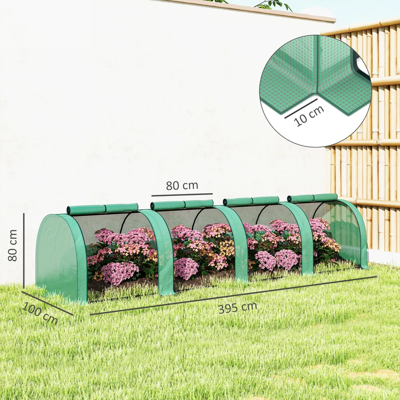 Serra a Tunnel 395x100x80 cm con 4 Porte in Acciaio e Plastica Impermeabile Anti UV Verde