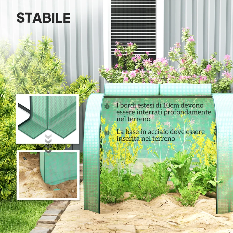 Serra a Tunnel 395x100x80 cm con 4 Porte in Acciaio e Plastica Impermeabile Anti UV Verde