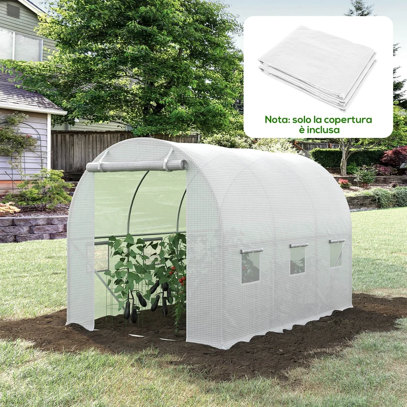 Telo per Serra 3x2x2 m con 6 Finestre Porta Avvolgibile e Bordi Interrati in PE Bianco