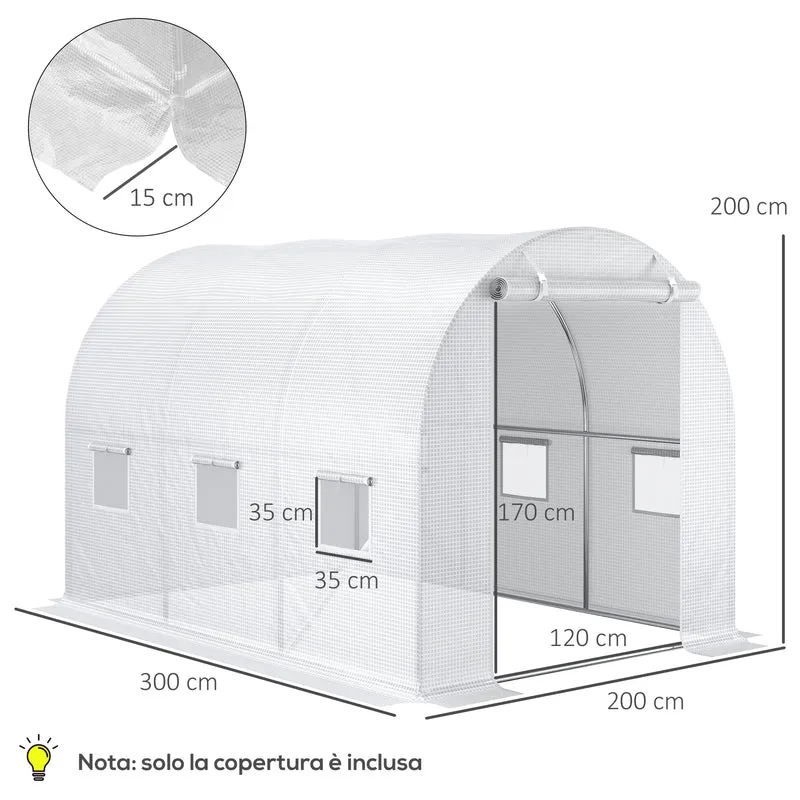 Telo per Serra 3x2x2 m con 6 Finestre Porta Avvolgibile e Bordi Interrati in PE Bianco