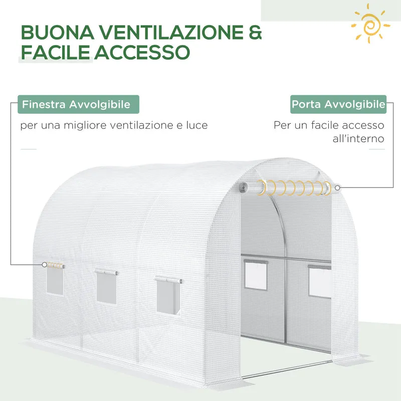 Telo per Serra 3x2x2 m con 6 Finestre Porta Avvolgibile e Bordi Interrati in PE Bianco