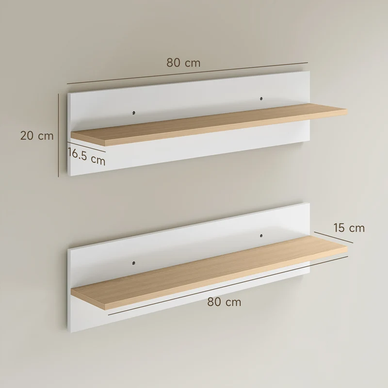 Set 2 Mensole da Parete 80x16,5x20 cm in Legno Bianco e color Legno