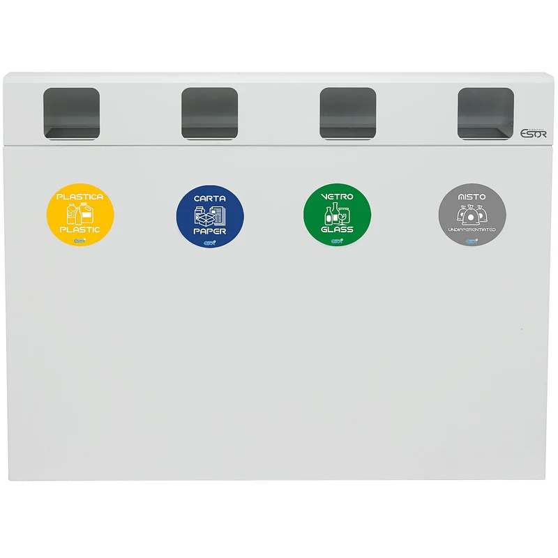 Pattumiera per Raccolta Differenziata 4 Scomparti 240 L 120x30x96 cm in Acciaio Verniciato Bianco