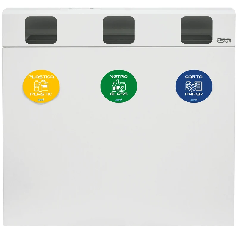 Pattumiera per Raccolta Differenziata 3 Scomparti 180 L 90x30x96 cm in Acciaio Verniciato Bianco