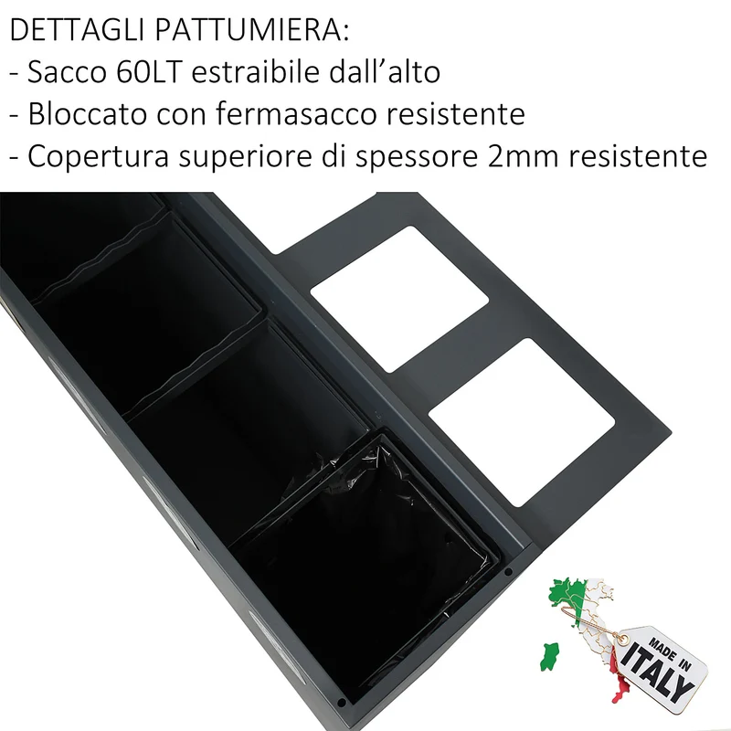 Pattumiera per Raccolta Differenziata 3 Scomparti 180 L 90x30x96 cm in Acciaio Verniciato Bianco