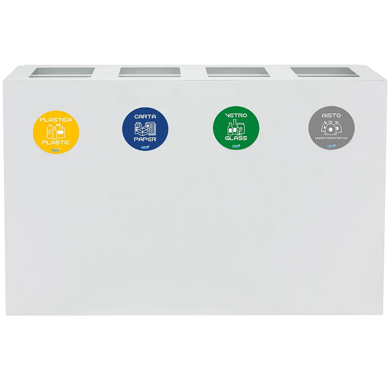 Pattumiera per Raccolta Differenziata 4 Scomparti 240 L 120x30x80 cm in Acciaio Verniciato Bianco