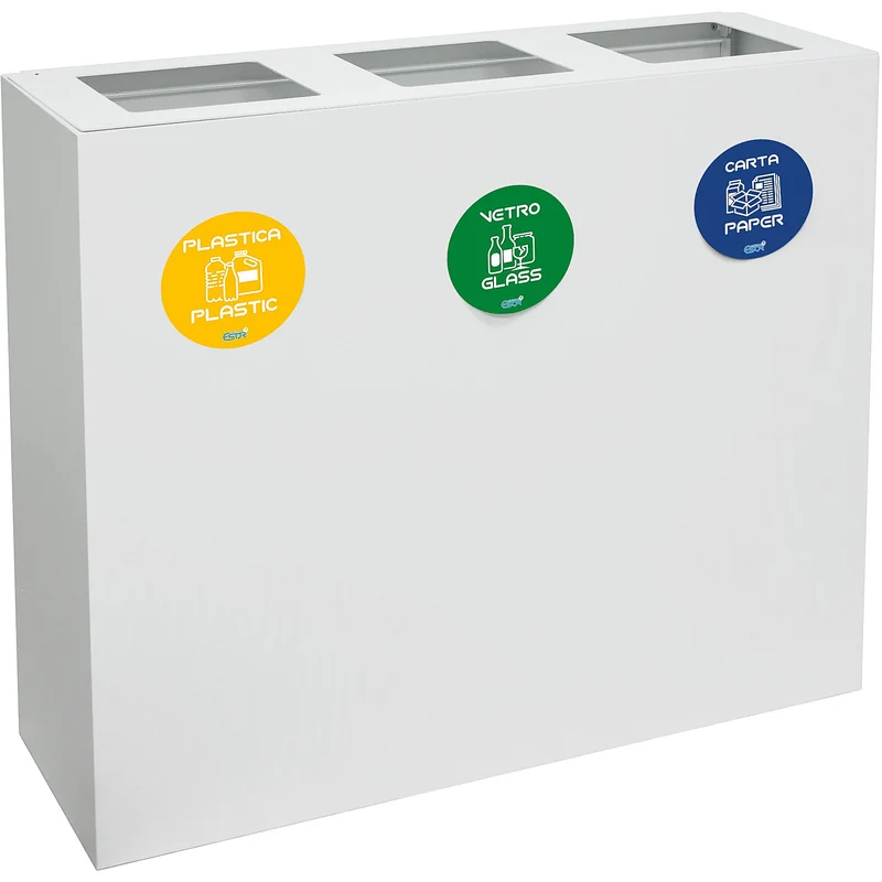 Pattumiera per Raccolta Differenziata 3 Scomparti 180 L 90x30x80 cm in Acciaio Verniciato Bianco