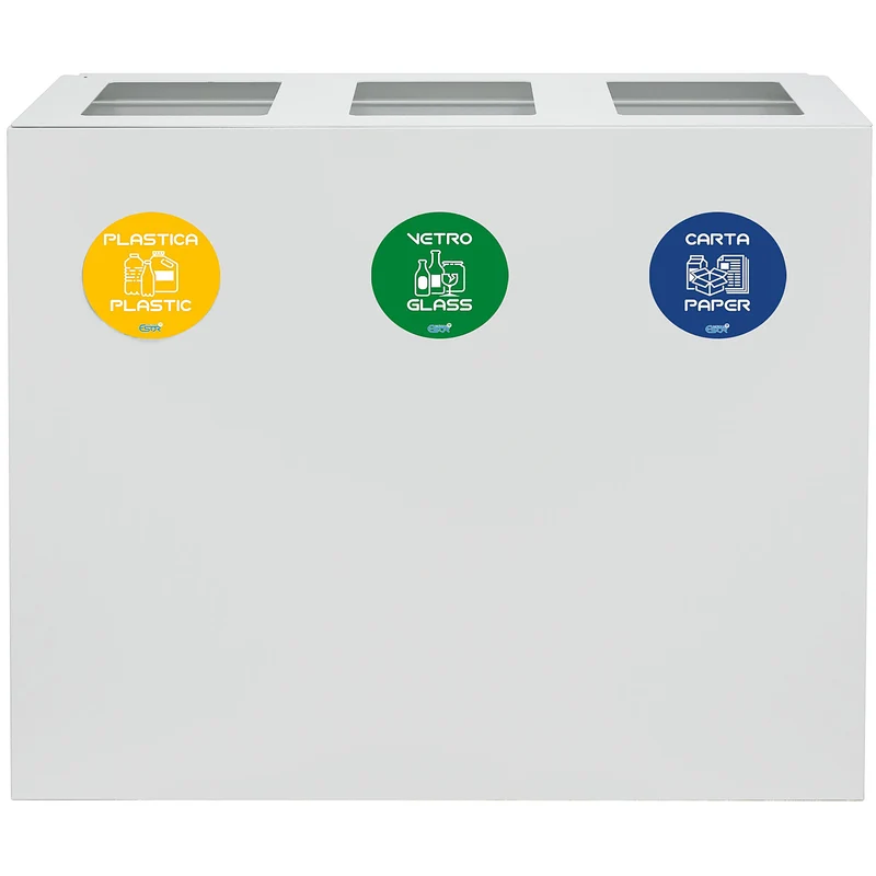 Pattumiera per Raccolta Differenziata 3 Scomparti 180 L 90x30x80 cm in Acciaio Verniciato Bianco