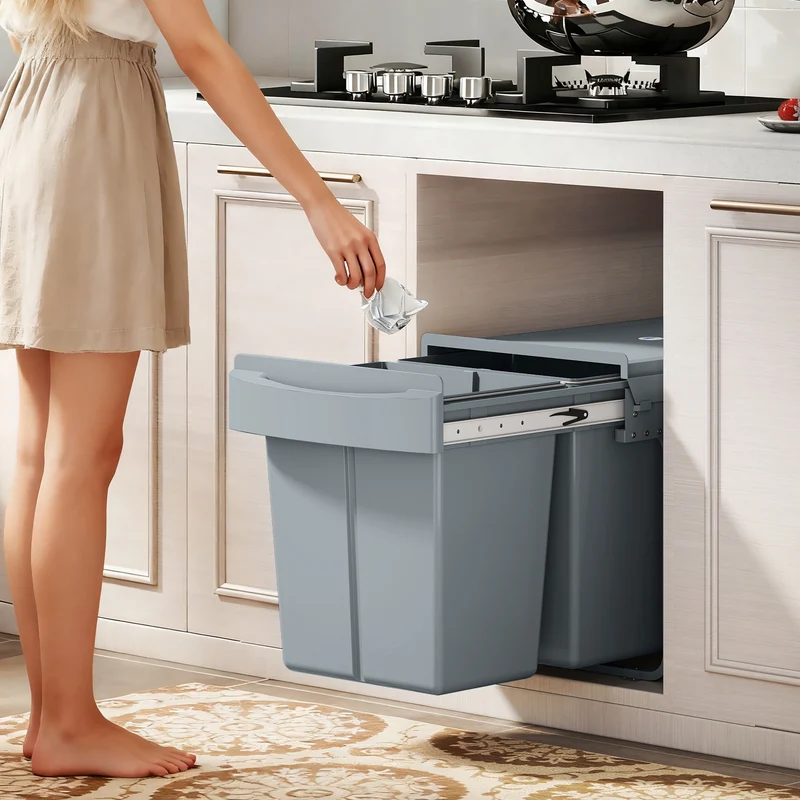 Pattumiera Estraibile Sottolavello per Differenziata 52x33.5x41 cm con 2 Secchi da 20L In PP e ABS Grigio