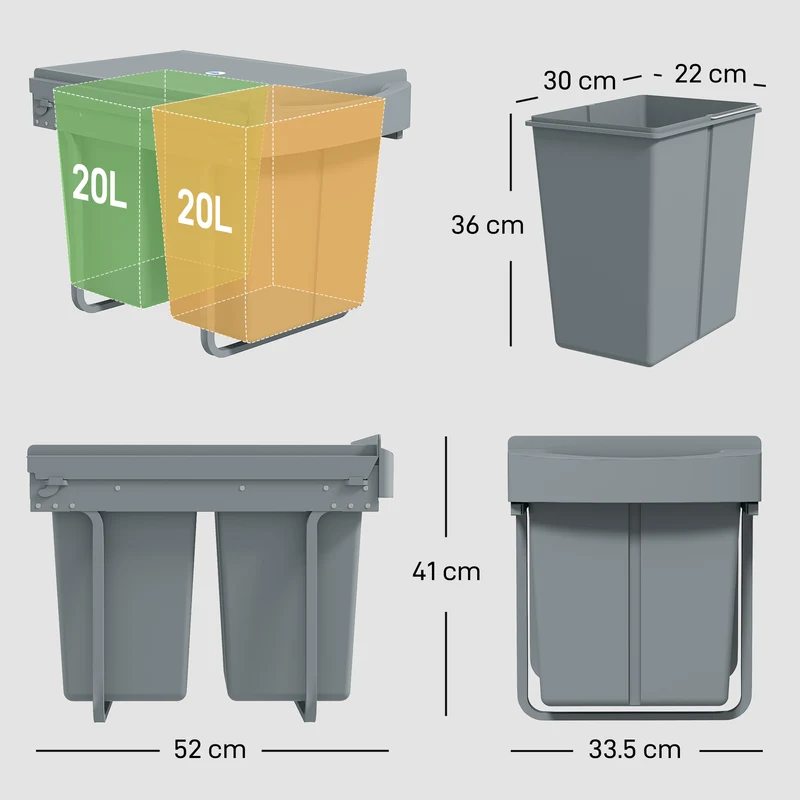 Pattumiera Estraibile Sottolavello per Differenziata 52x33.5x41 cm con 2 Secchi da 20L In PP e ABS Grigio