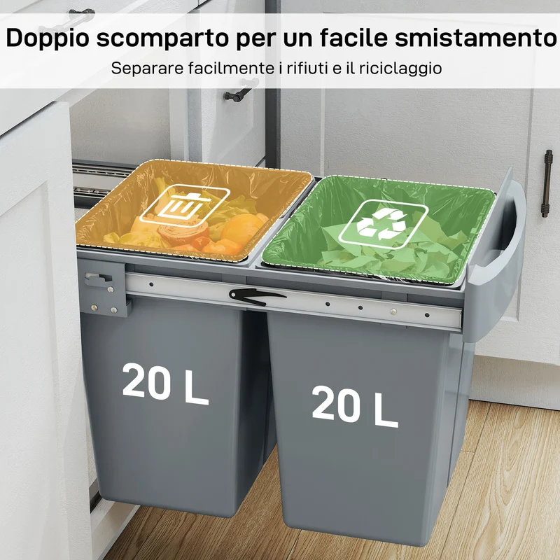 Pattumiera Estraibile Sottolavello per Differenziata 52x33.5x41 cm con 2 Secchi da 20L In PP e ABS Grigio