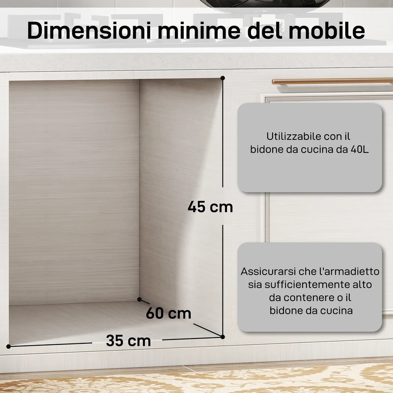 Pattumiera Estraibile Sottolavello per Differenziata 52x33.5x41 cm con 2 Secchi da 20L In PP e ABS Grigio